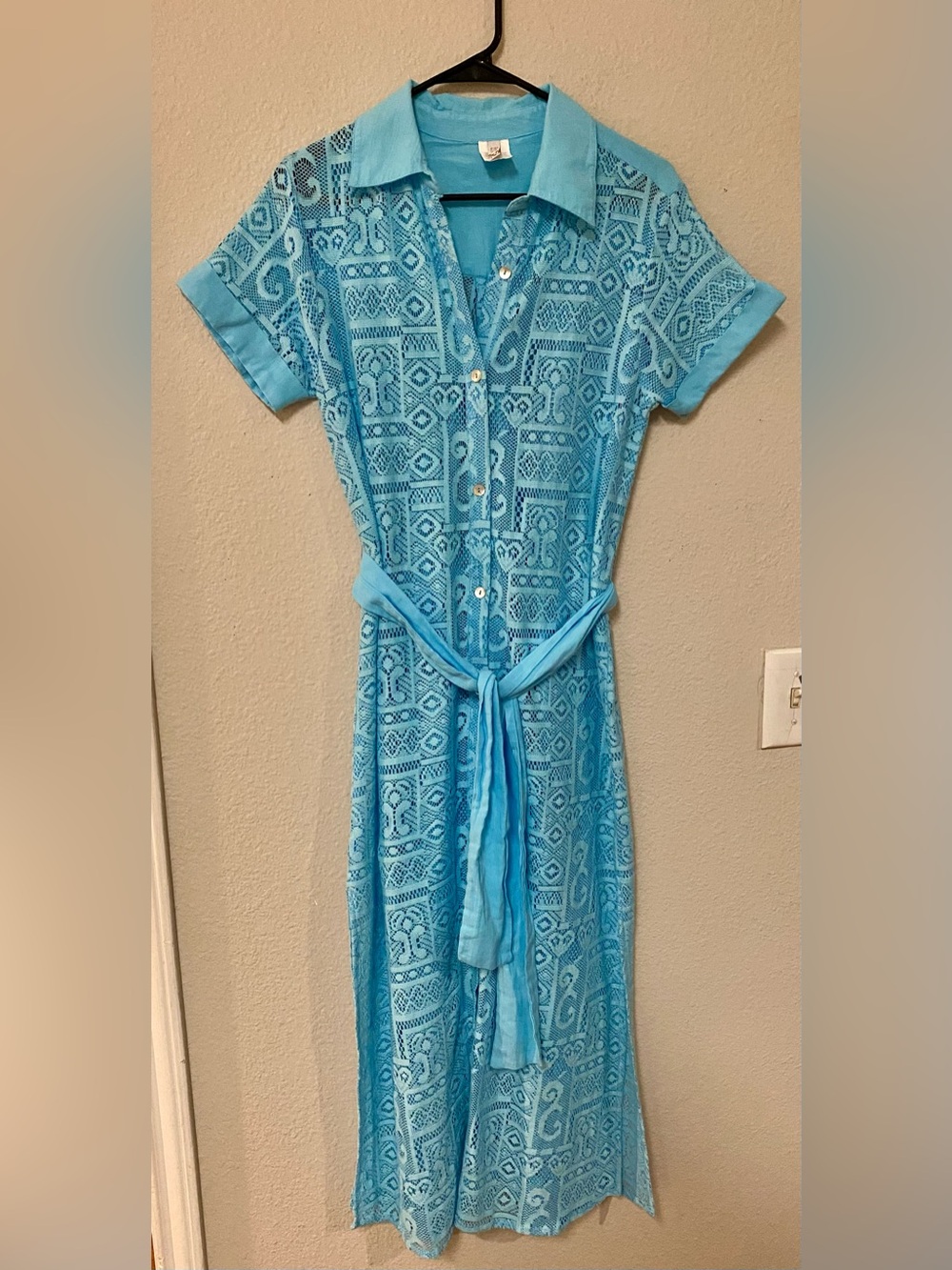 BECCA Turquoise Lace Midi Shirt Dress with Tie Waist
